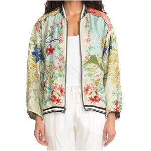 Johnny Was Blue Mizumi Reversible Bomber Jacket Floral Dot Rib Trim Boho Large